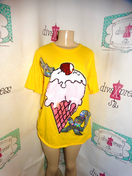 Yellow Ice Cream Sequins t Shirt Size L