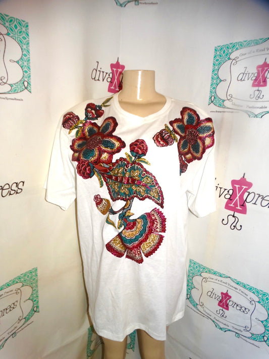 Vintage White Floral Custom Painted T Shirt Size 1x