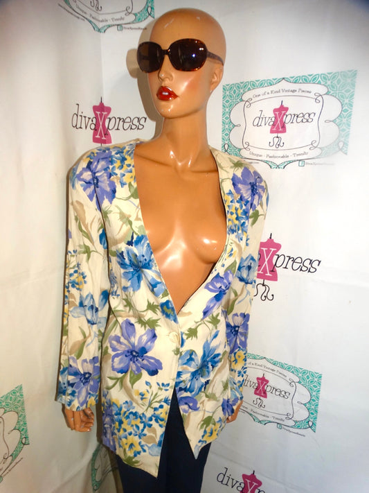 Vintage Jessica Scott Cream/Blue Floral Blazer Size XL