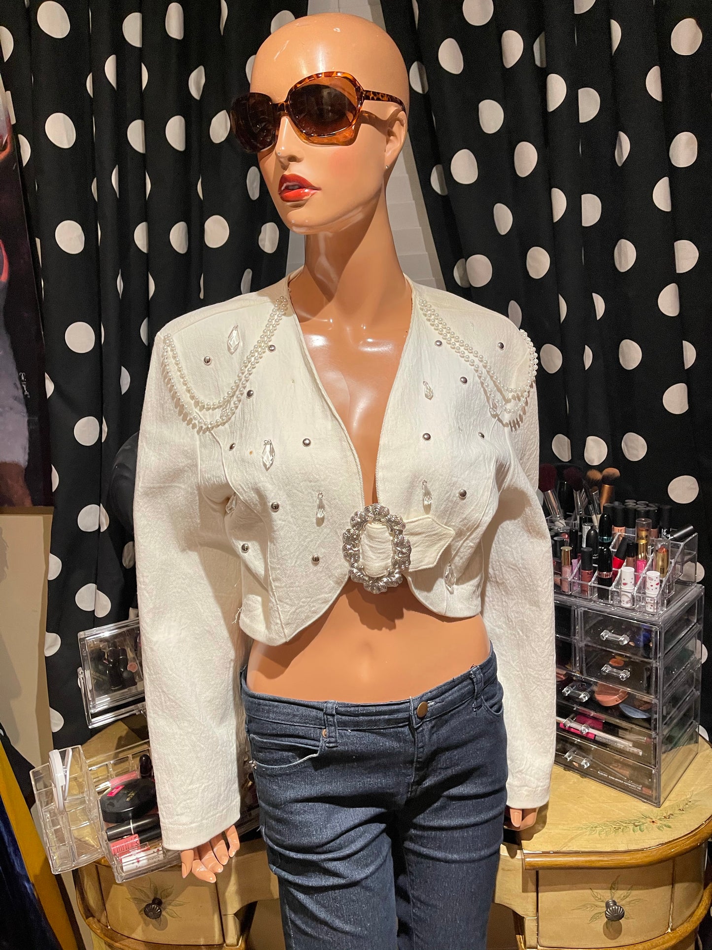 Vintage Shoe Cream Beaded Crop Jean Jacket Size M-L