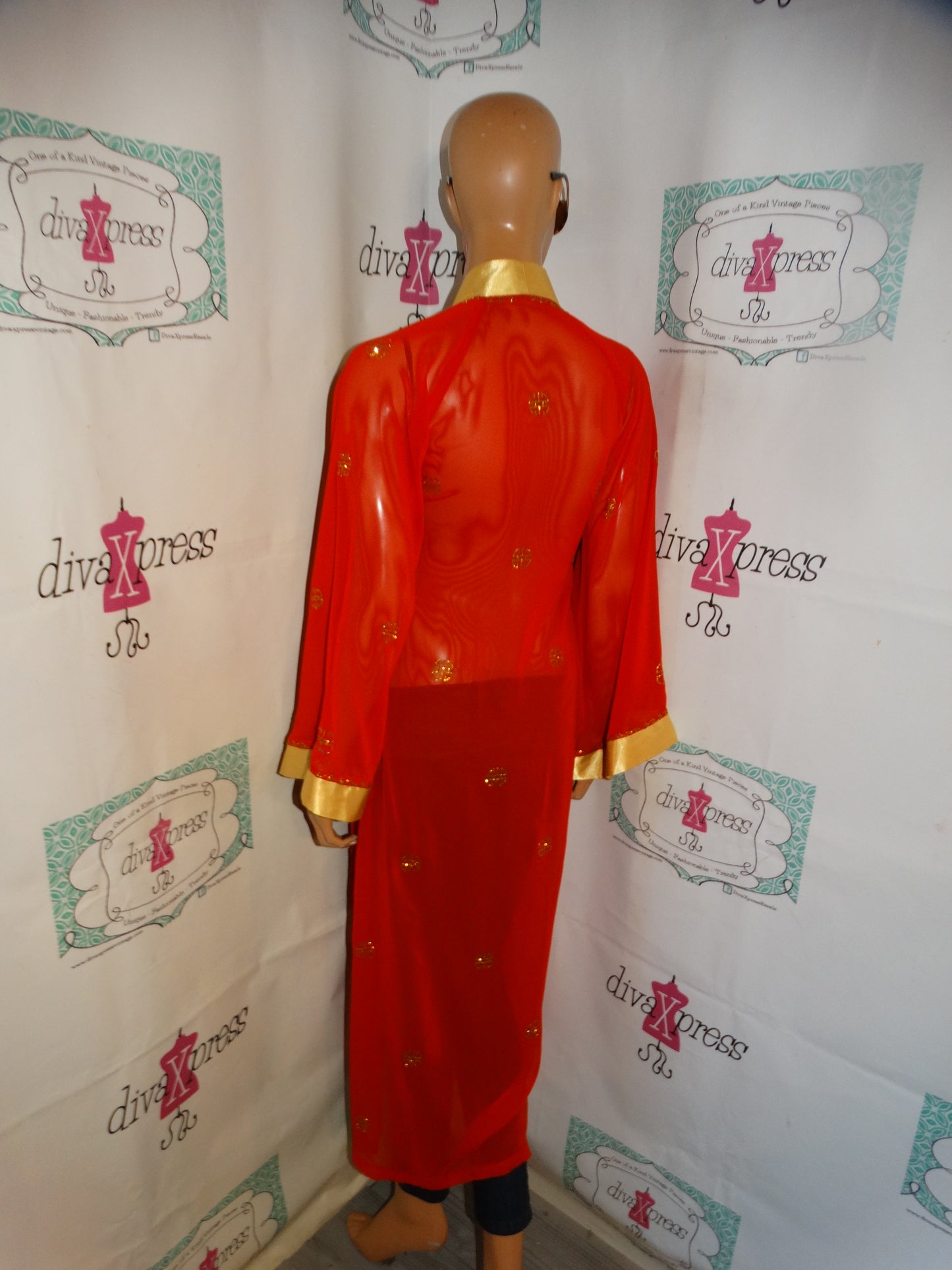 Vintage Red Asian Sheer Duster with Shingles Size S
