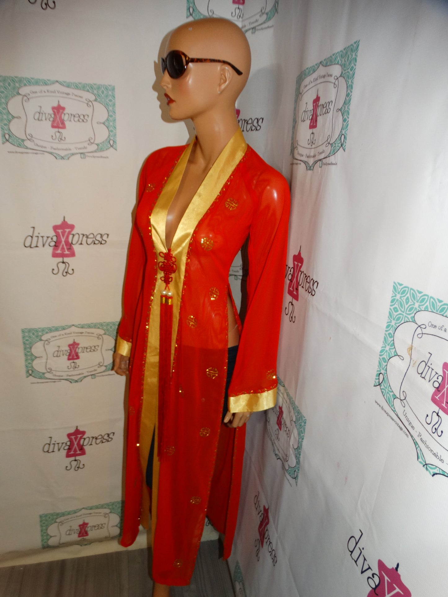 Vintage Red Asian Sheer Duster with Shingles Size S