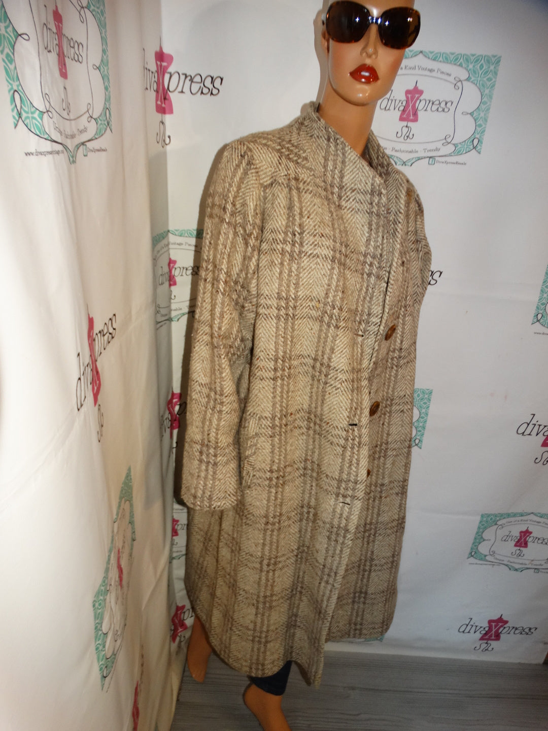 Vintage Yessica Cream Plaid Wool Coat Size 3x