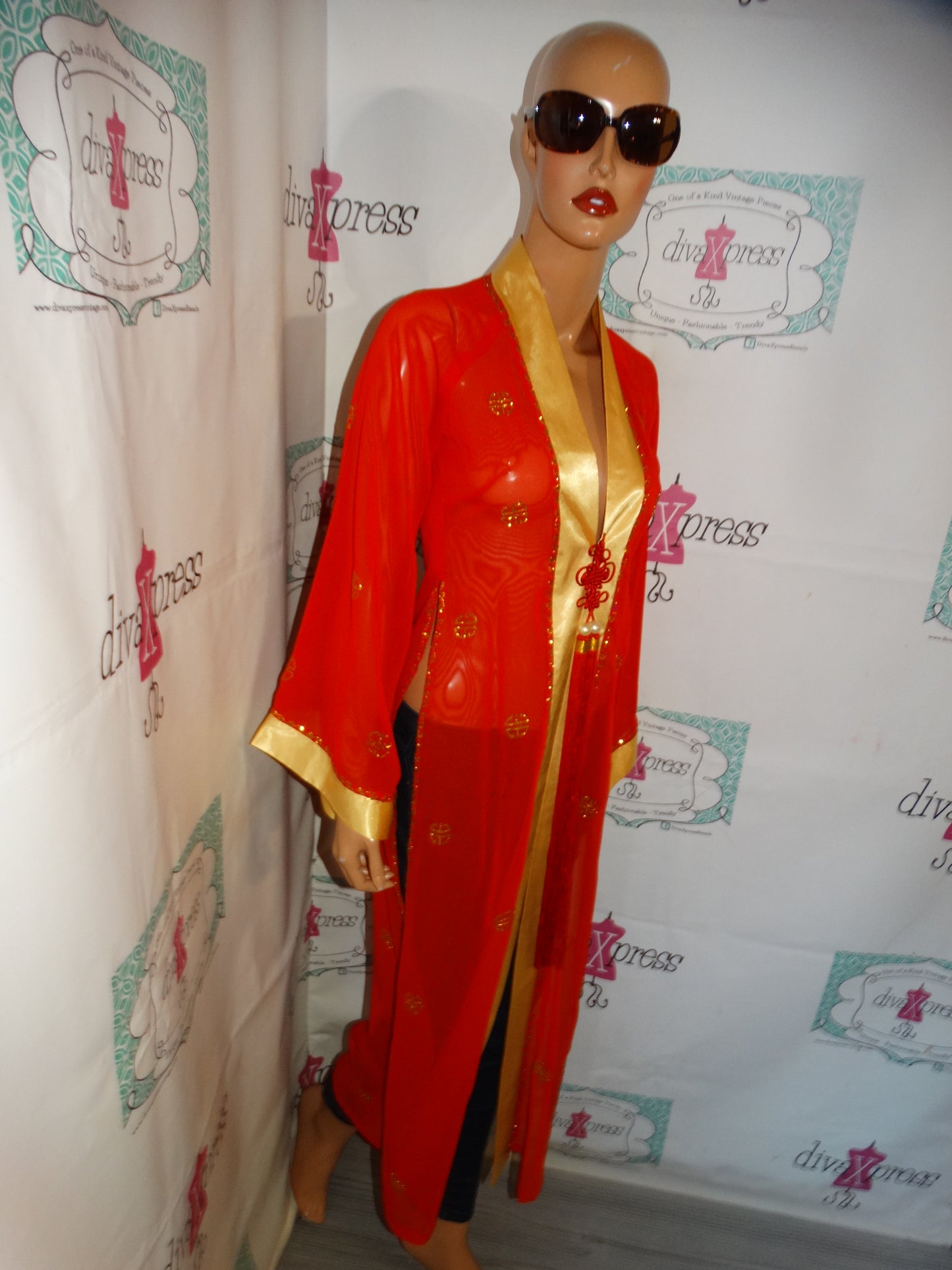 Vintage Red Asian Sheer Duster with Shingles Size S