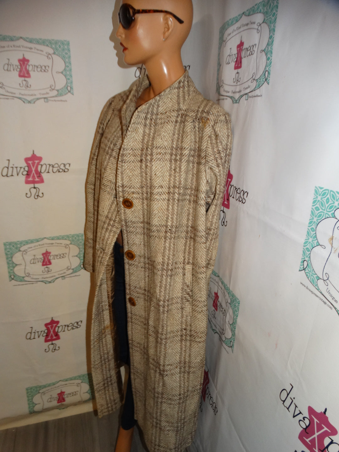 Vintage Yessica Cream Plaid Wool Coat Size 3x