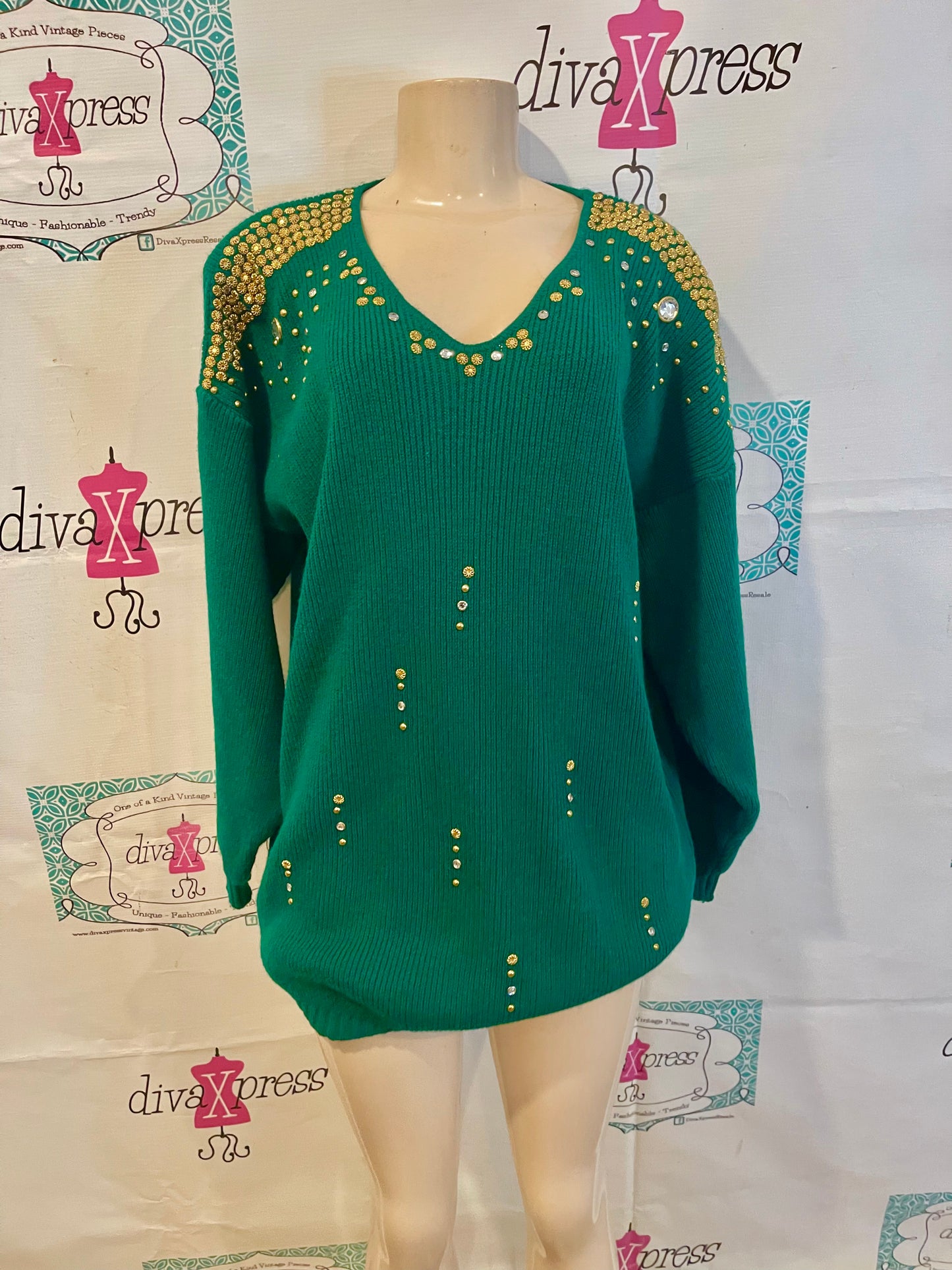 Vintage Green/Gold Beaded Sweater Size 3x