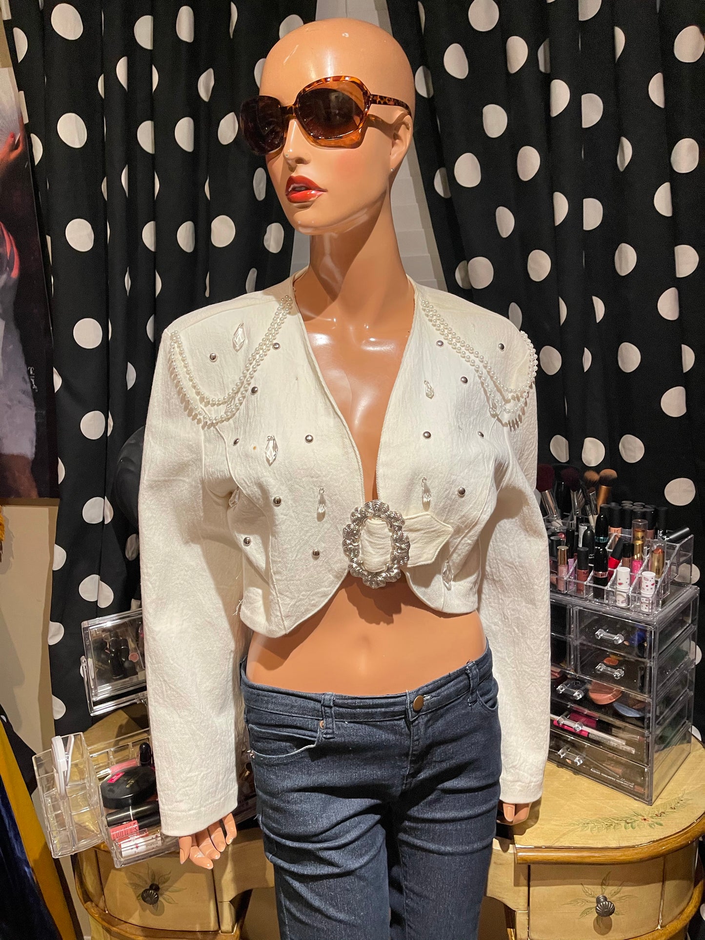 Vintage Shoe Cream Beaded Crop Jean Jacket Size M-L